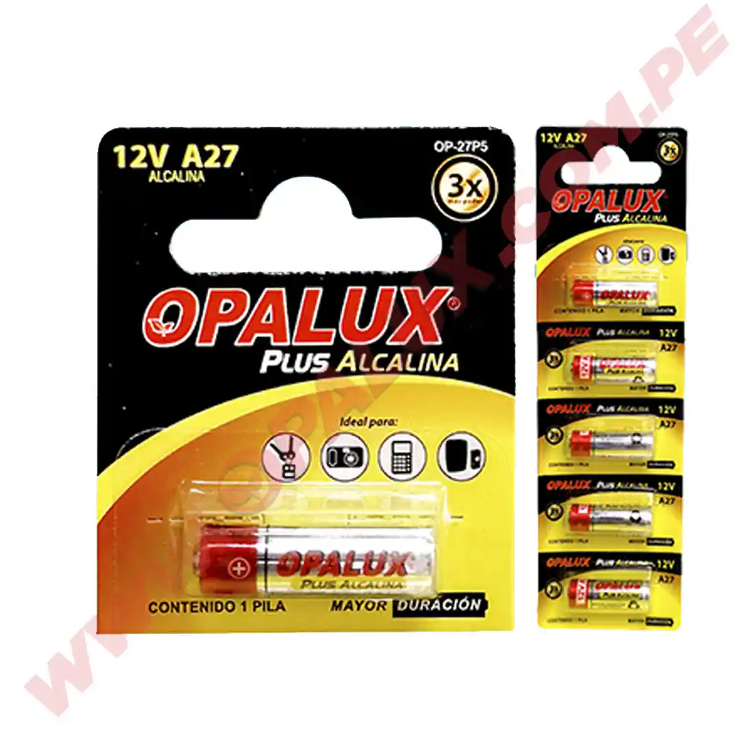 Pila Alcalina A27 Plus 12v Blister x 5 unidades individuales mayor duracion  “Opalux” - LIFE STORE
