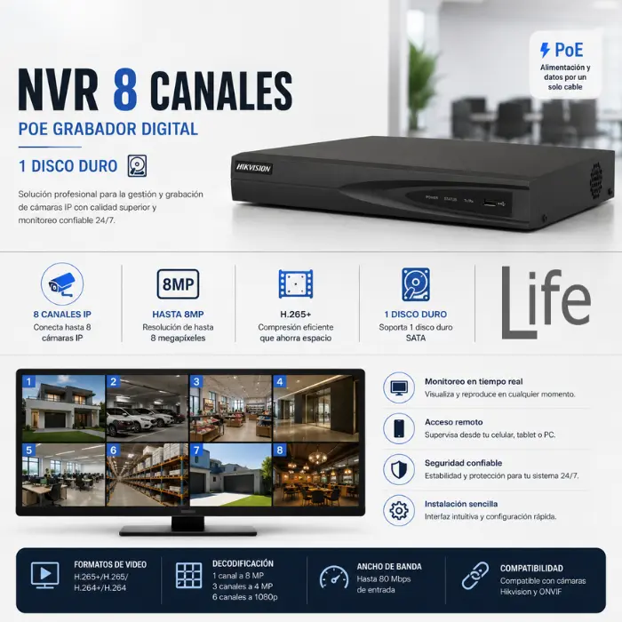 NVR 8 CAMARAS POE GRABADOR DIGITAL CAPACIDAD 1 DISCO DURO HIKVISION - Imagen 2
