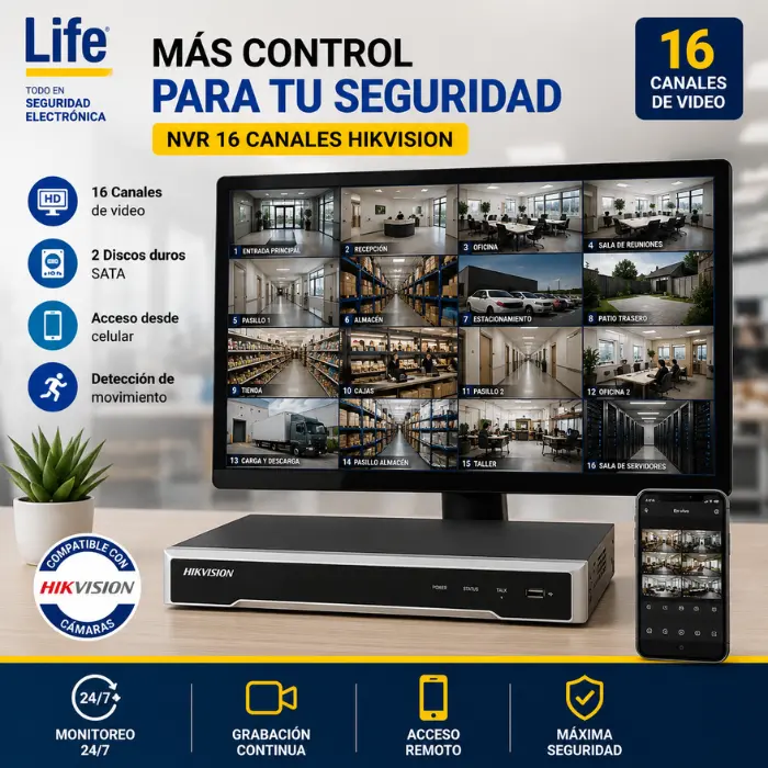 NVR 16 CAMARAS POE GRABADOR DIGITAL CAPACIDAD 2 DISCO DUR HKIVISION - Imagen 3