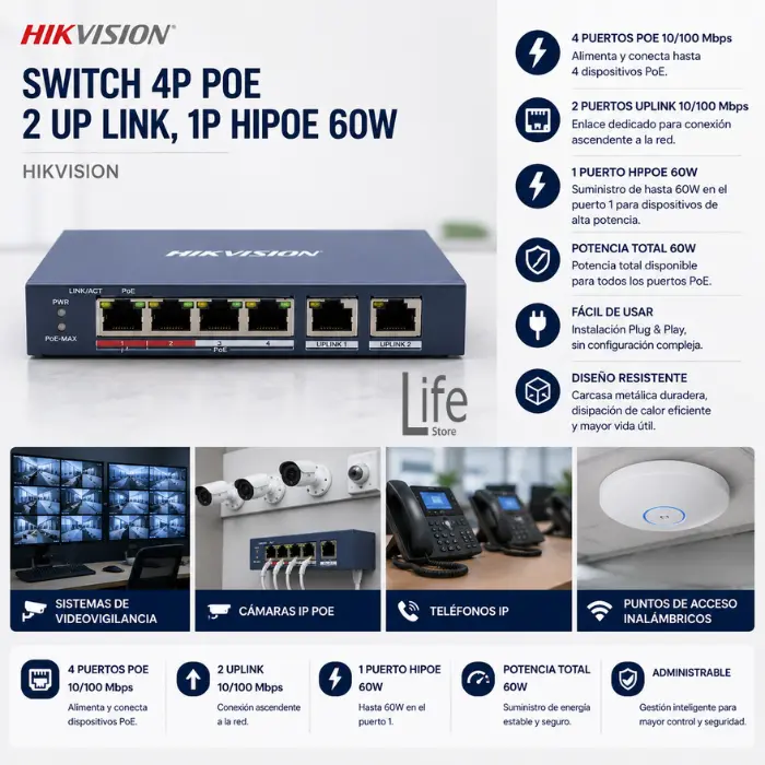 SWITCH 4P POE 2 UP LINK. 1P HIPOE 60W HIKVISION - Imagen 2