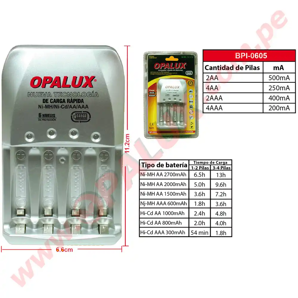 Cargador de pilas recargables marca Opalux de 1 a 4 pilas AA o