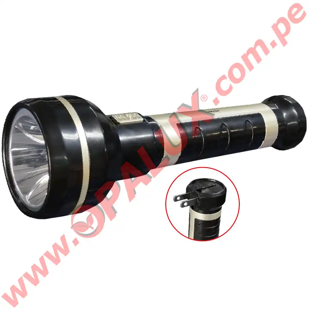 Linterna recargable LED 3W “Opalux” 90 MTS luz alta 8hrs y luz baja 21 hrs  color negro - LIFE STORE