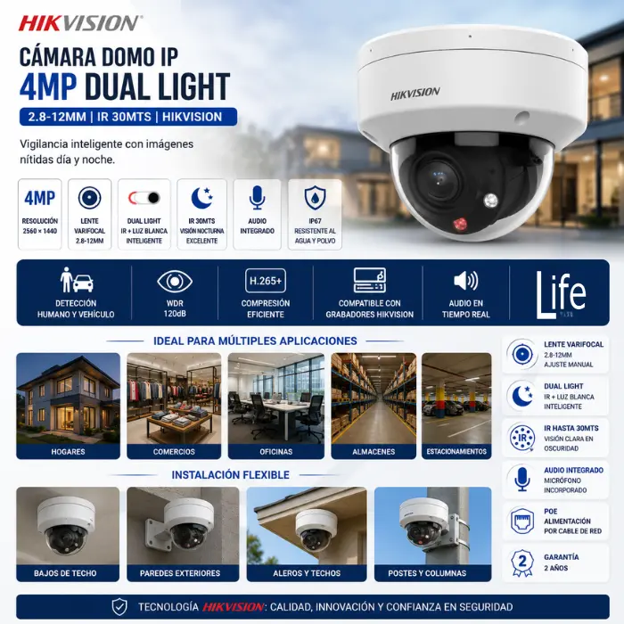 CAMARA DOMO IP 4MP DUAL LIGHT 2.8-12MM IR 30MTS HIKVISION - Imagen 2