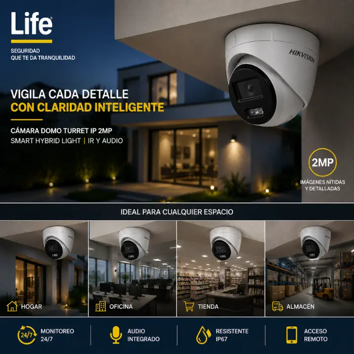 CAMARA DOMO TURRET IP 2MP SMART HYBRID LIGHT 2.8MM D-WDR IP67 HIKVISION CON IR Y AUDIO - Imagen 3
