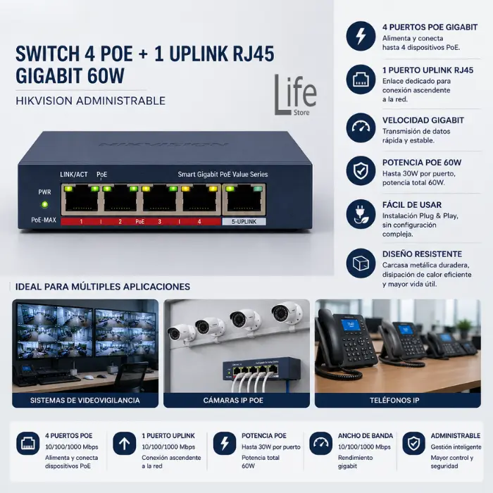 SWITCH 4 POE ALL 1000M (1G) + 1 UP RJ45 GIGABITE 60W HIKVISION ADMINISTRABLE - Imagen 2