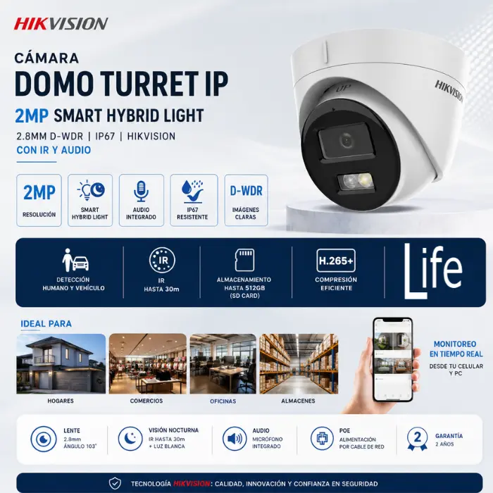 CAMARA DOMO TURRET IP 2MP SMART HYBRID LIGHT 2.8MM D-WDR IP67 HIKVISION CON IR Y AUDIO - Imagen 2