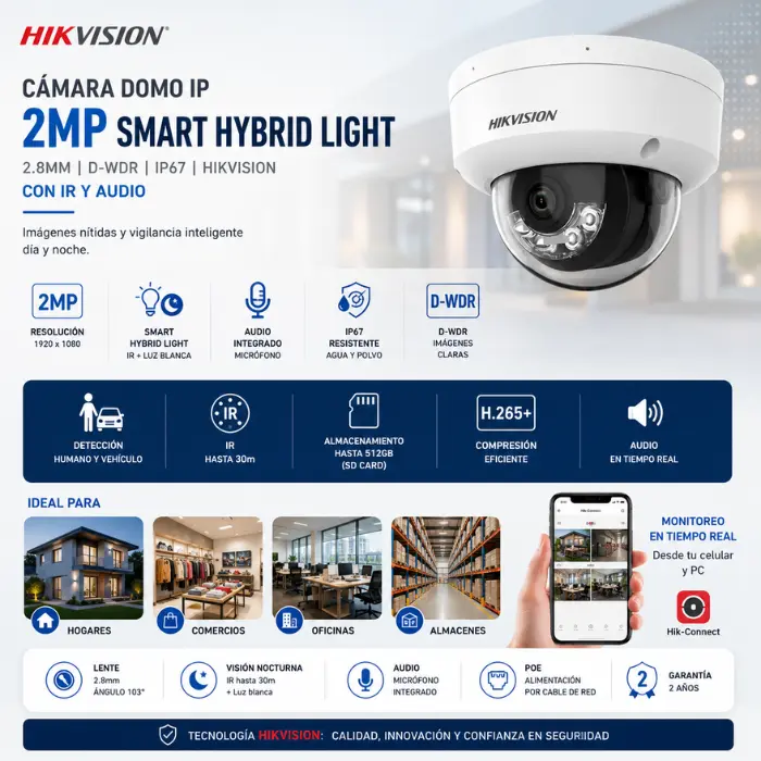 CAMARA DOMO IP 2MP SMART HYBRID LIGHT 2.8MM CON IR Y AUDIO - Imagen 2