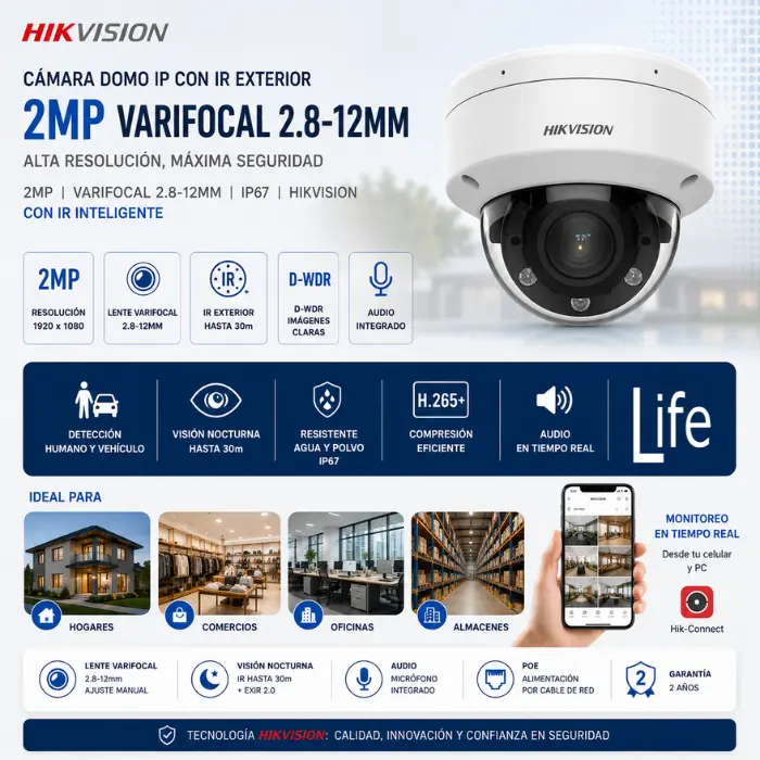 CAMARA DOMO IP CON IR EXT 2MP LA VARIFOCAL 2.8-12MM HIKVISION - Imagen 2