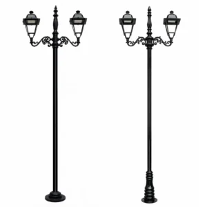 POSTE ORNAMENTAL METALICO HIERRO FUNDIDO 3.2MTS CON 2 FAROLAS COLONIALES E27 220V DISEÑO COLONIAL