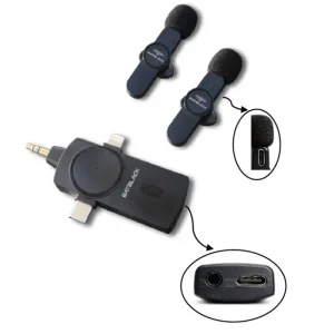 02 MICROÓFONOS SOLAPEROS INALÁMBRICOS "BATBLACK" 3 EN 1, 2.4GHZ, 360° OMNIDIRECCIONAL, PARA GRABACION EN VIVO, 2 CABLES DE CARGA TIPO C, 1RECEPTOR INGRESO STERO PLUG,T/C,T/IPHONE REGARABLES