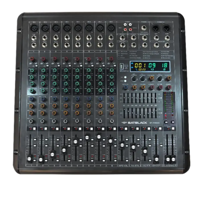CONSOLA AMPLIFICADA "BATBLACK" 1200W/CANAL=2400W, 8 CANALES / 99 EFECTOS X 2.1 DSP/BLUETOOTH 5.0 / DOBLE CONTROLP/EFECTOS / CONTROL IND. MP3 / 2 EFECTOS GROUP 1-2 / STEREO L-R