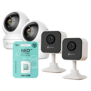 KIT 4 CAMARAS EZVIZ INTERIORES (2 MOVIMIENTO 2MB + 2 FIJAS 2MB) CON 4 MICRO SD 64GB