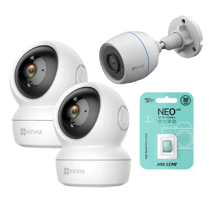 KIT 3 CAMARAS EZVIZ INTERIORES EXTERIORES (2 MOVIMIENTO INT 2MB / 1 FIJA EXT 2MB) CON 3 MICRO SD 32GB