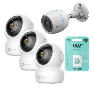 KIT 4 CAMARAS EZVIZ INTERIORES EXTERIORES (3 MOVIMIENTO INT 2MB / 1 FIJA EXT 2MB) CON 4 MICRO SD 32GB