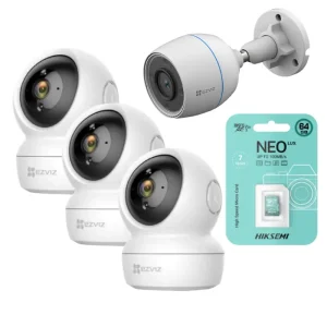 KIT 4 CAMARAS EZVIZ INTERIORES EXTERIORES (3 MOVIMIENTO INT 2MB / 1 FIJA EXT 2MB) CON 4 MICRO SD 64GB