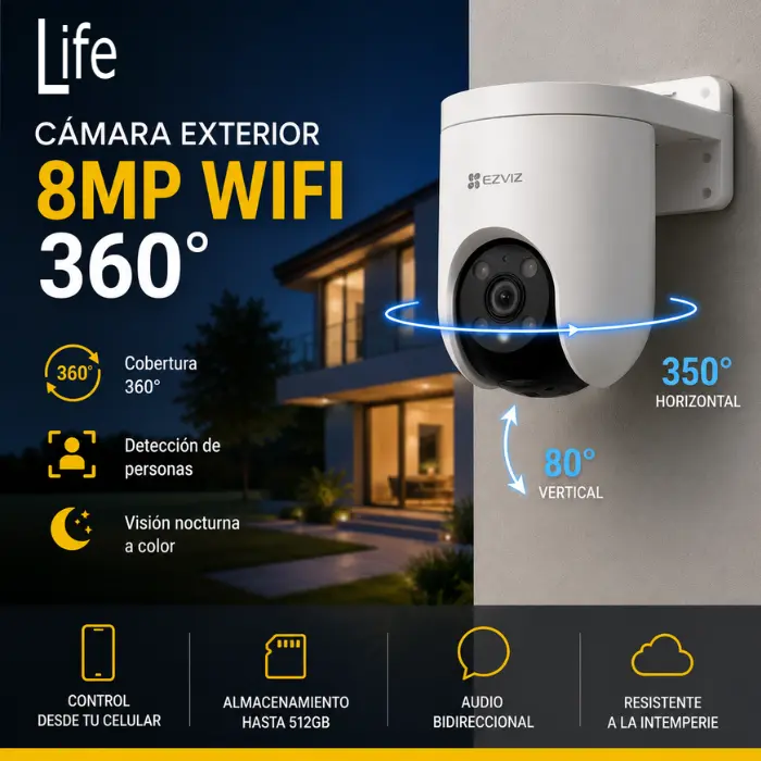 CAMARA DE SEGURIDAD 8MP WIFI CON MOVIMIENTO 360° EZVIZ HASTA 512GB EXTERIORES 4MM - Imagen 2