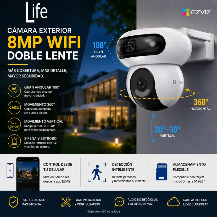 CAMARA DE SEGURIDAD 8MP WIFI DOBLE LENTE GRAN ANGULAR 108° Y CON MOVIMIENTO 360° EZVIZ HASTA 512GB EXTERIORES SIRENA Y ESTROBO - Imagen 2