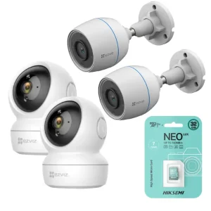 KIT 4 CAMARAS EZVIZ INTERIORES EXTERIORES (2 MOVIMIENTO INT 2MB / 2 FIJAS EXT 2MB) CON 4 MICRO SD 32GB