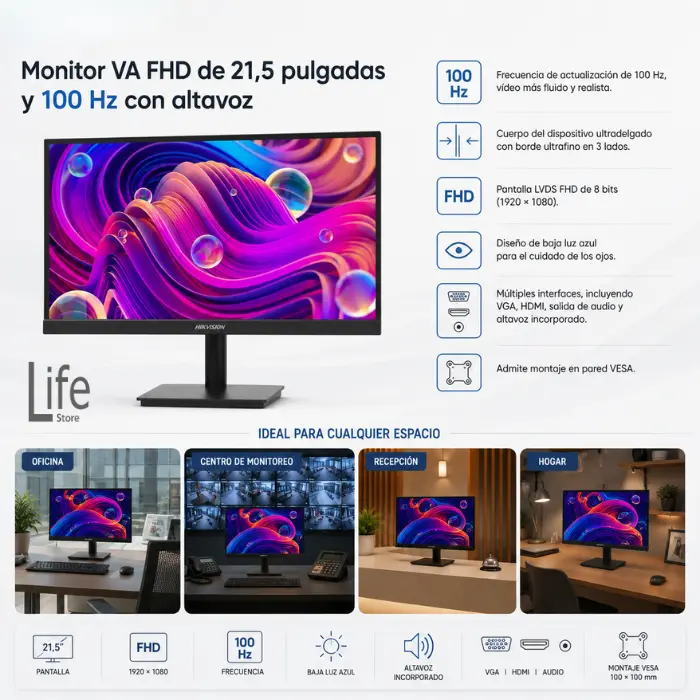 MONITOR 22" LCD CON AUDIO 1920 X 1080 220V HIKVISION VESA - Imagen 2