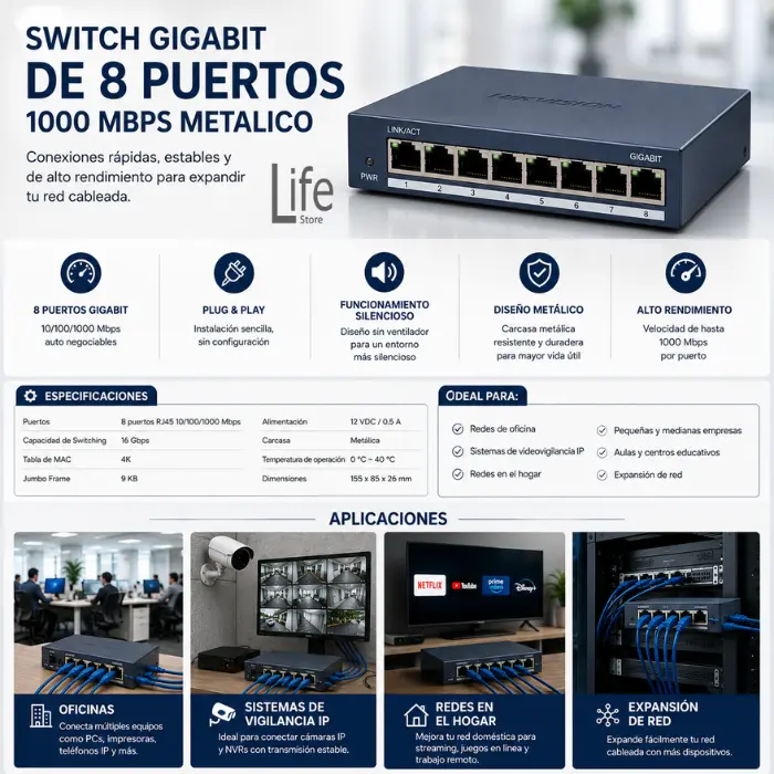 SWITCH 5 PUERTOS GIGABIT 1000 MBPS METALICO HIKVISION - Imagen 2