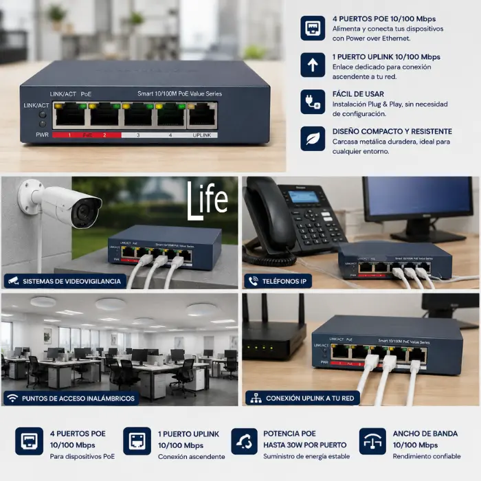 SWITCH 4 PUERTOS POE 10/100 MBPS SMART 1 PUERTO UPLINK 10/100 MBPS - Imagen 2